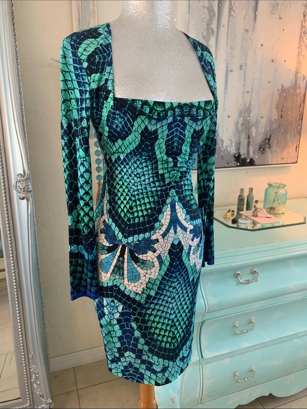 Just Cavalli turquoise and blue long sleeve low-cut girls not out dress. Size sm - Picture 4 of 8